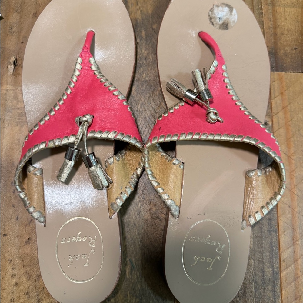 Jack Rogers Pink Leather Tassel Thong Sandals with Metallic Trim